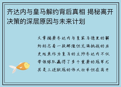 齐达内与皇马解约背后真相 揭秘离开决策的深层原因与未来计划