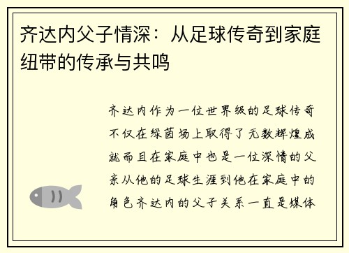 齐达内父子情深：从足球传奇到家庭纽带的传承与共鸣