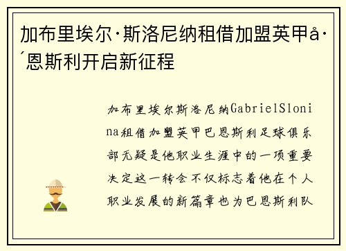 加布里埃尔·斯洛尼纳租借加盟英甲巴恩斯利开启新征程