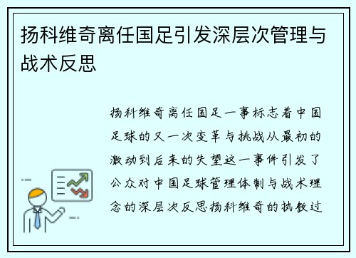 扬科维奇离任国足引发深层次管理与战术反思